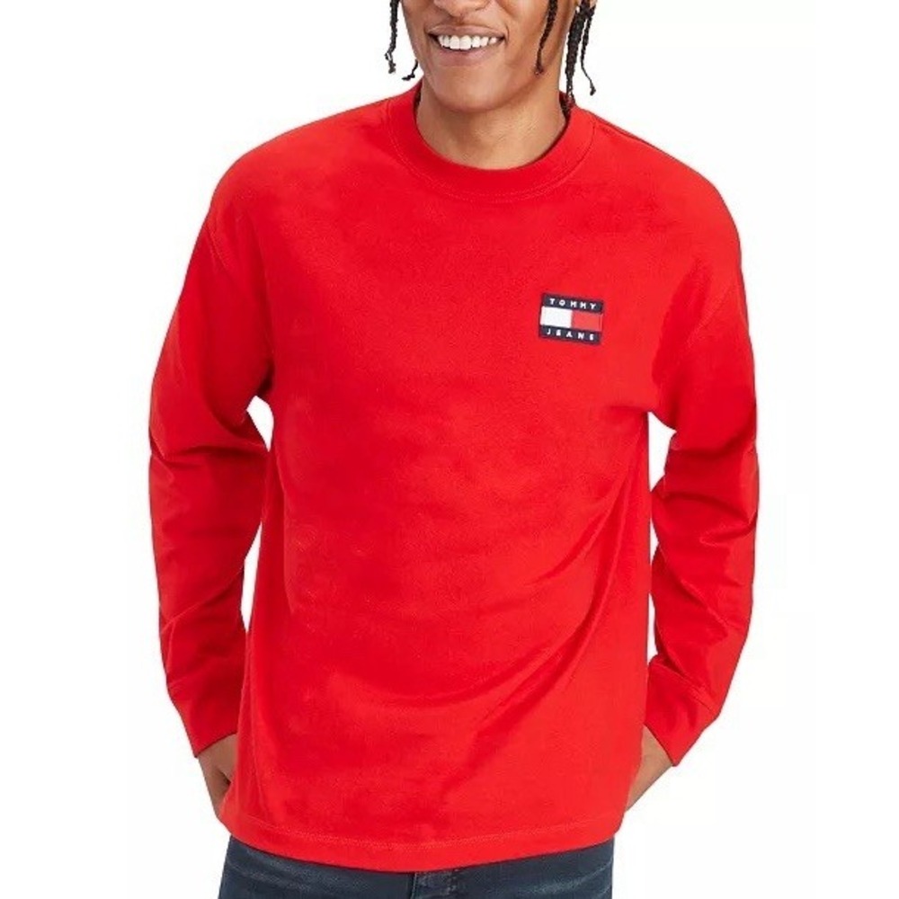 Tommy Jeans Red Long Sleeve Shirt XXL Logo Patch Classic Fit Streetwear Casual